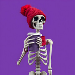 Skeleton in Red Beanie Enjoying Coffee in Purple Setting