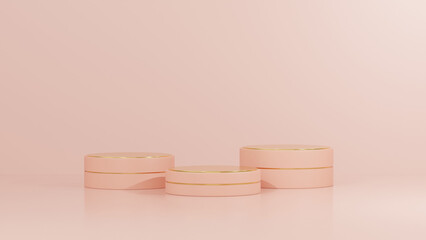 Background featuring an empty product display mockup with a pink backdrop and abstract geometric platforms designed for showcasing merchandise in landscape orientation.