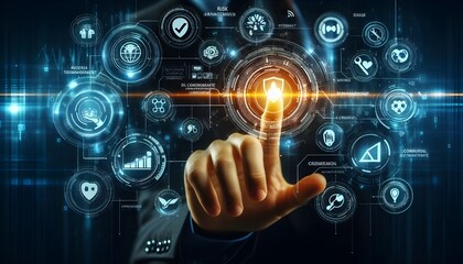 Fototapeta premium Hand interacting with futuristic digital icons representing risk management and safety on a dark background.