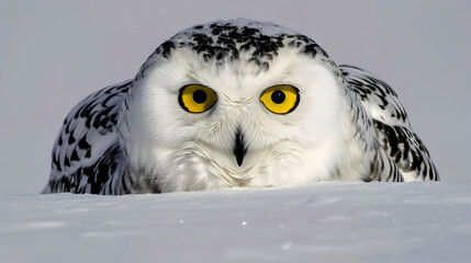 Obraz premium Portrait of a snowy owl in winter with sharp eyes and feathers, showcasing its wisdom and hunter instincts in the wild