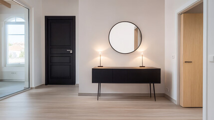 Modern interior design featuring a stylish entryway with mirrors and lamps