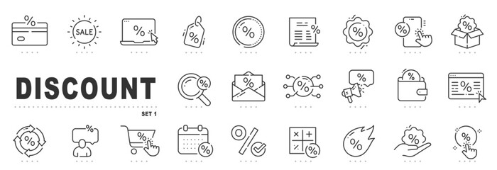 Set of discount related line icons. Price, promotion, offer, percent, tag etc. Editable stroke.