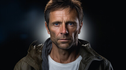 Fototapeta premium Man in his 40s with not too handsome face, average physique, dark eyes, and a relaxed outfit in a t-shirt and jacket.