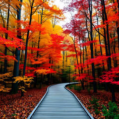 Obraz premium Beautiful-wooden-pathway-going-the-breathtaking-colorful-trees-in-a-forest-(1)