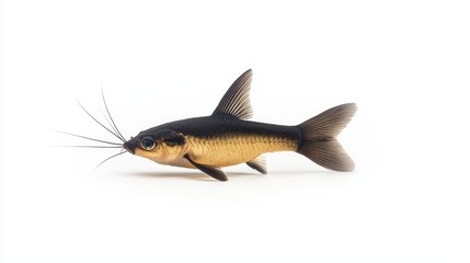 Fototapeta premium Detailed Close-Up of a Black and Gold Catfish Showcasing Unique Features, Vibrant Coloration, and Graceful Fin Structure against a Clean White Background