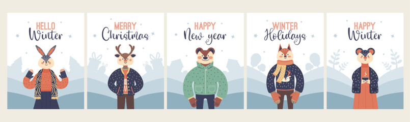 Happy holidays posters. Xmas postcards set. Winter animal greeting cards.