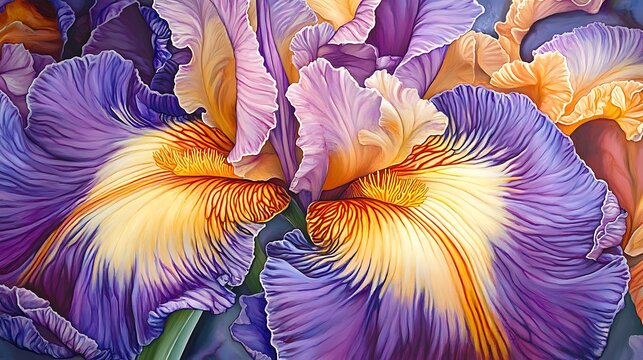 Vivid Purple and Gold Iris Blooms Close Up