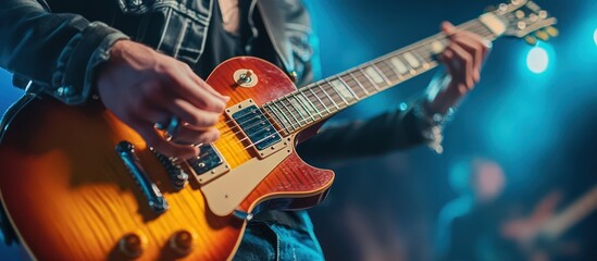 Obraz premium Close-up of a musician's hand playing an electric guitar on stage with a blurred background.