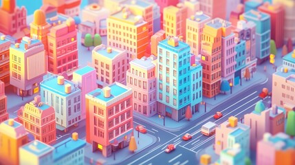 Fototapeta premium Colorful, stylized cityscape with low-poly buildings, roads, and cars, pastel colors, urban scene.