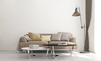 Home and decor and modern minimal interior living room design and white wall pattern background. 3d rendering 