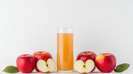 Fresh and Delicious Homemade Apple Juice Surrounded by Whole Red Apples and Sliced Halves on White Background for Healthy Lifestyle Promotion