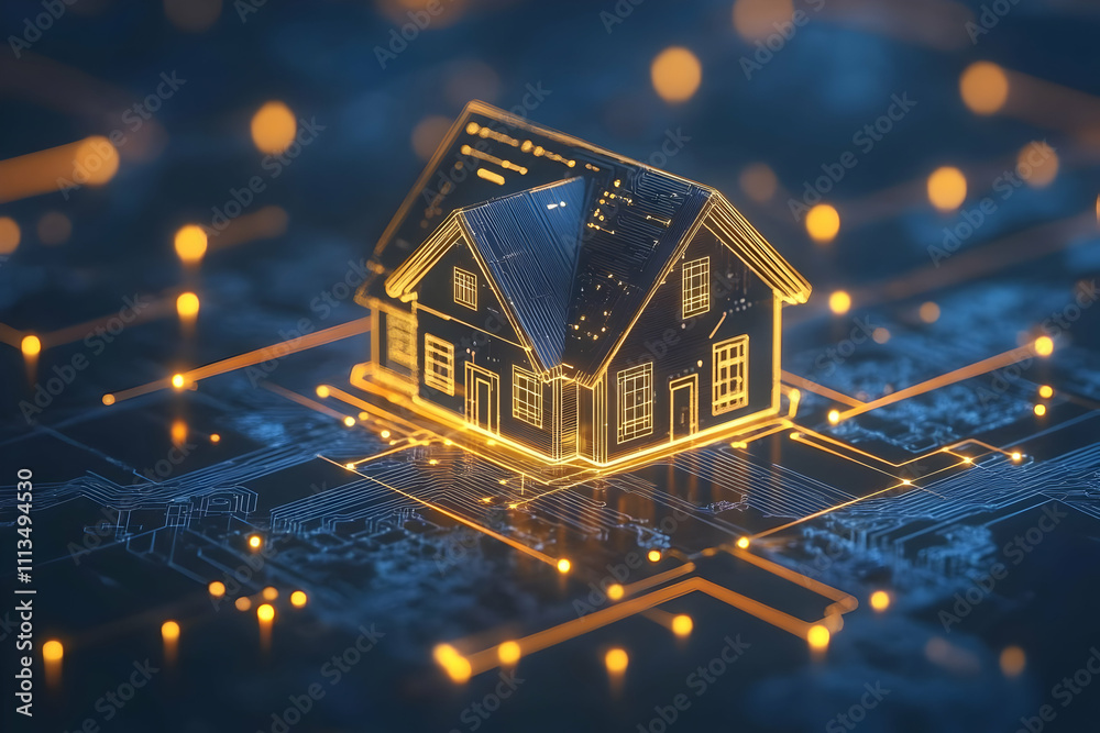 Poster A digital house model illuminated with circuitry, symbolizing smart home technology.