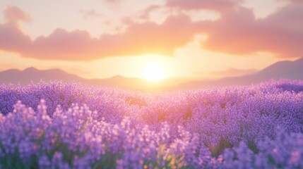 Fototapeta premium Sunset Over a Field of Lavender Blossoms