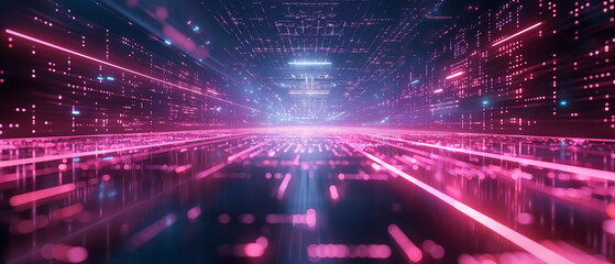 Futuristic Data Stream,  Neon Pink and Blue Highway of Information