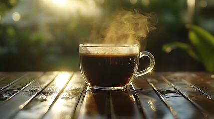 Fototapeta premium A Steaming Cup Of Coffee Outdoors In Morning Sunlight