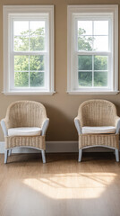 Cozy indoor seating area with woven chairs and natural light in a warm room