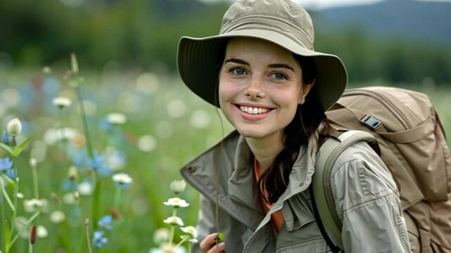 Smiling woman exploring a vibrant wildflower field in spring with a backpack and sun hat