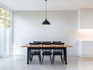 Modern dining space with minimalist design and natural light in a contemporary home