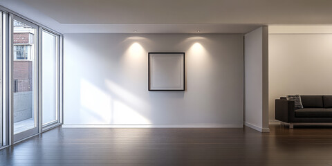 Minimalist living room interior with natural light and blank wall for decoration