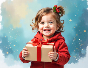 Adorable child in a red coat holding wrapped gift box with a cheerful smile against dreamy, festive background captures essence of holiday joy and childhood excitement for Christmas or birthday themes