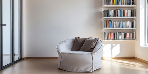 Cozy reading nook with modern chair and bookshelf bathed in natural light in a serene environment