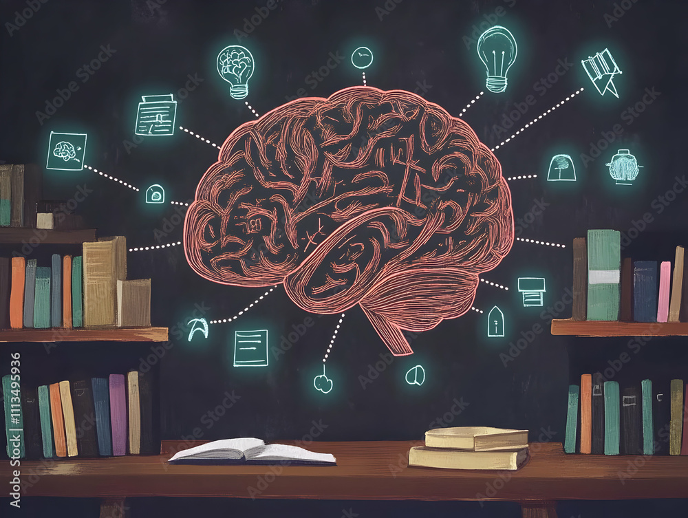 Poster a stylized brain illustration surrounded by icons representing knowledge and learning.