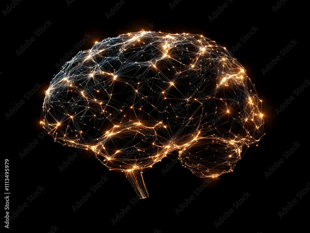 Poster A digital representation of a brain with glowing neural connections.