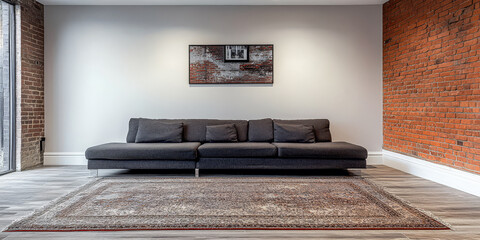 Modern living room with grey sofa brick wall and decorative rug in a stylish apartment