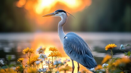 Naklejka premium Majestic heron at sunset: serenity by the lake with vibrant flowers