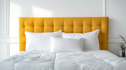 A bed with a yellow headboard and white pillows