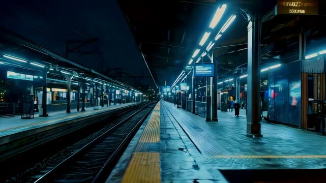 Night Train Station: Empty Platform, Cinematic 4K Video Footage - Atmospheric Ambiance
