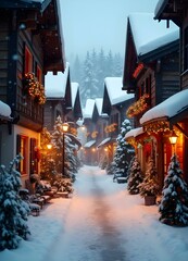 Fototapeta premium Christmas lights on a German street, snowing weather, no people, fir branches, poinsetiae