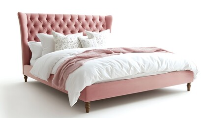 A pink bed with white pillows and a pink blanket