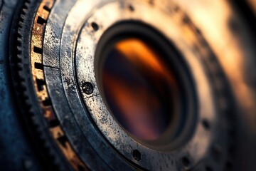 Close-up of vintage camera lens with gears and scratches.