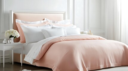 A bed with a white headboard and pink sheets