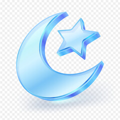 Islamic crescent moon and star symbol 3D blue transparent glass material isolated on white background. Realistic vector illustration.
