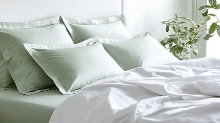 A bed with a white comforter and green pillows