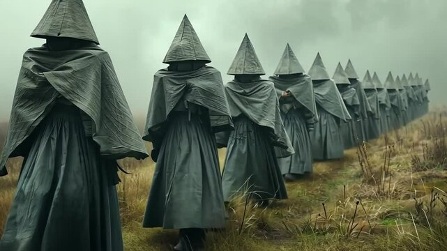Mysterious figures in cloaks walk along a foggy path in a desolate landscape during a gray afternoon