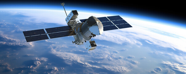 Satellite observes Earth from space, showcasing advanced technology and stunning views of the planet's surface and atmosphere