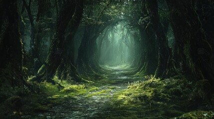 A dimly lit path in a dark forest, with the ground covered in moss and the trees towering overhead