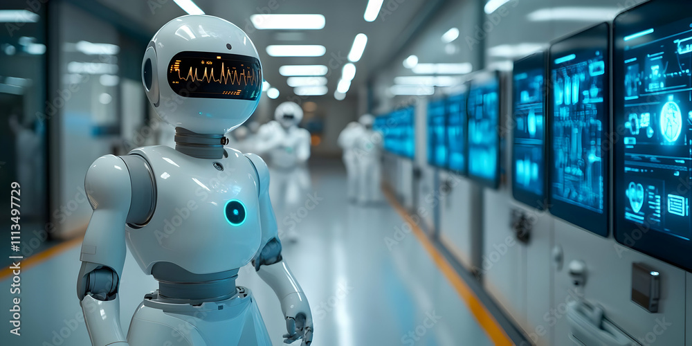 Poster A futuristic robot in a high-tech lab with glowing screens and scientists in the background.