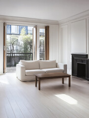 Cozy living room with large windows and a minimalist design in a modern apartment