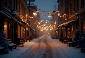 Fototapeta premium Christmas lights on a German street, snowing weather, no people, fir branches, poinsetiae