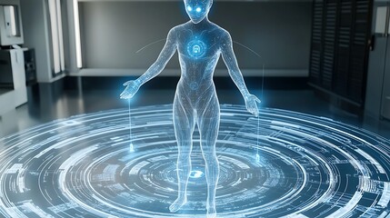 Futuristic holographic human projection standing on a circular platform in a modern room.