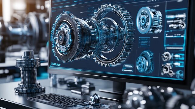 Computer screen displaying detailed 3D model of mechanical parts, gears and engineering design software in a workshop setting.