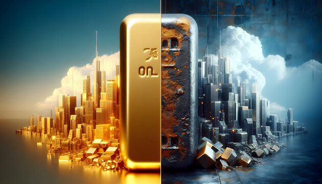 Links: Goldbarren und Stadt - rechts: rostiges Eisen und Verfall.
