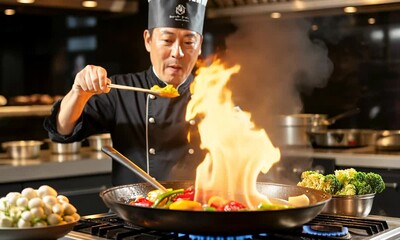 A chef skillfully stir-fries colorful vegetables, creating a dramatic flame in a kitchen setting.