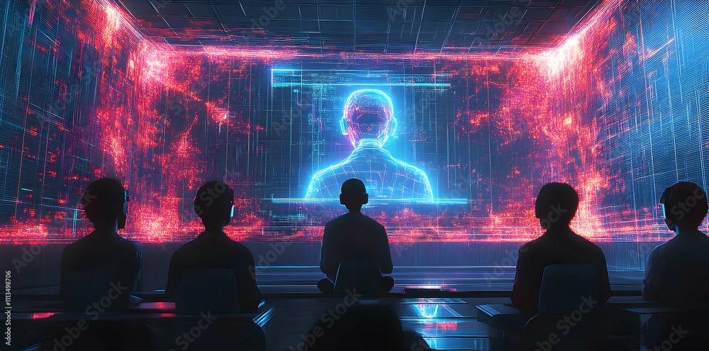 Poster a group observes a holographic figure in a futuristic digital environment.