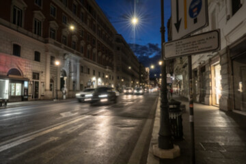 Blur night view of street and architecture of Rome. Rome, Italy.