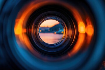 Close-up view through a lens showing a blurred sunset landscape.